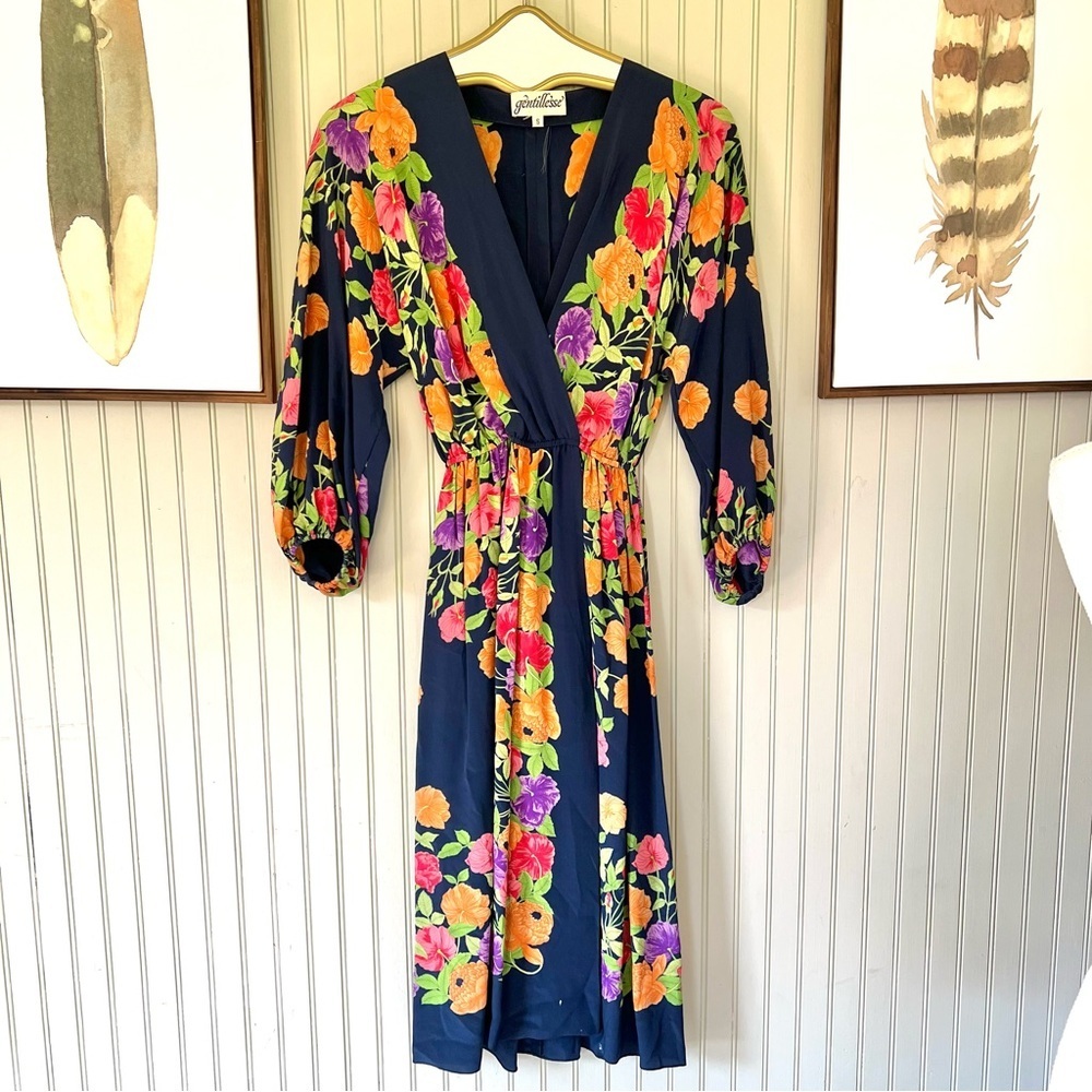 Gentillesse Vintage 100% Silk V Neck Blousen Blue Floral Midi Dress